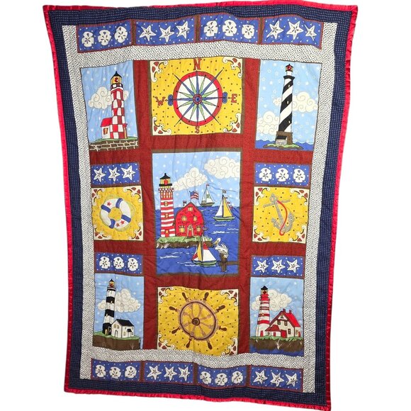 Vintage Peking Handicraft Nautical Quilt Wall Hanging 50x70 Lighthouse Numbered - Picture 1 of 13
